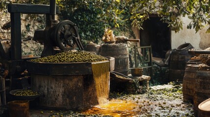 A scenic view of a rustic olive press in action, with fresh olives being crushed and oil flowing, highlighting traditional methods.