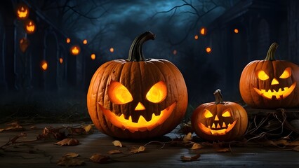 Jack O' Lanterns' eyes trick or treat on Halloween Samhain All Hallowe'en eerie horror All Saints' Eve All Hallowe'en Background of the Ghost Demon on October 31