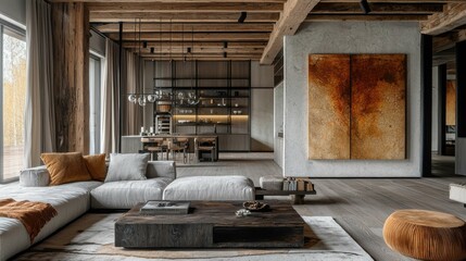 This image showcases a minimalist Scandinavian living room featuring wooden beams and a cozy decor. The warm tones and simple design embody Hygge principles.