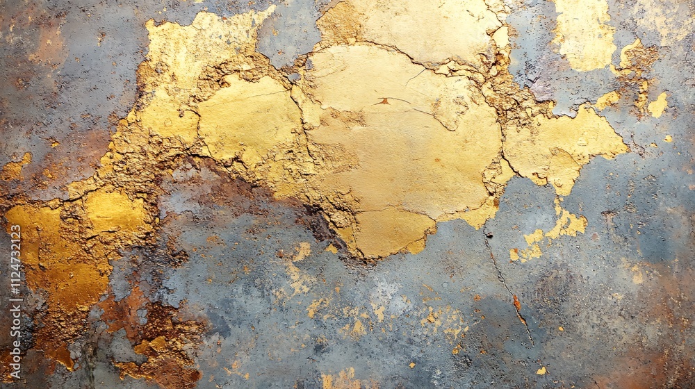 Aufkleber gold leaf flaking from cracked and weathered wall creating abstract design