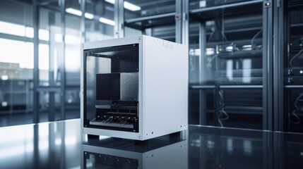 Fototapeta premium Advanced Tech Game Server Cabinet with Efficient Cooling, Neat Cable Network, and Modern Data Center Backdrop. 