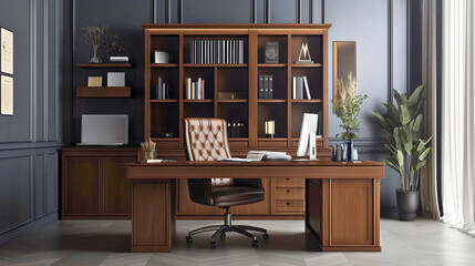 Elegant modern home office with ergonomic desk, wooden furniture, cozy ambiance, minimalist decor, functional bookshelf, stylish plant, and neutral tones for a productive, inviting workspace.
