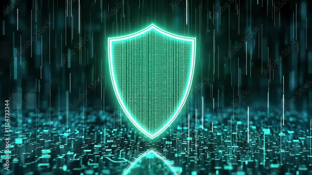 Poster digital shield icon with binary code against a futuristic background of green rain effect