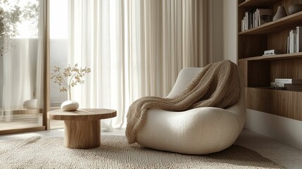 This image showcases a cozy Scandinavian living space with a minimalist design featuring a round wooden table and a soft, comfortable armchair.