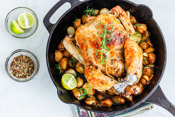 Oven Roasted Whole Chicken and Potatoes in an Iron Skillet Top Down Photo on White Background
