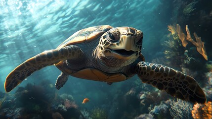Portrait of a happy sea turtle swimming underwater. Generative AI