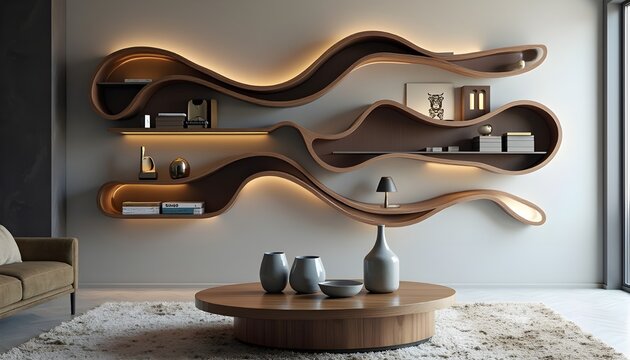 A modern living room and kitchen with stylish shelves different things presented in the shelves the room is grey colored  