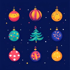 Naklejka premium A fresh collection of modern, colorful illustrations showcasing Christmas tree toys and New Year's balls in a flat art style