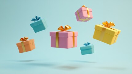 Obraz premium Colorful Gift Boxes with Shiny Bows in Mid-Air
