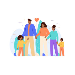 Fototapeta premium Happy big family standing together in a flat illustration style, including grandma, grandpa, mom, dad, children, and a pet. Smiling cartoon characters happily gathered as a group