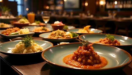 A diverse array of gourmet dishes combined with warm lighting and luxury decor creates a sophisticated upscale dining experience ambiance._00001_