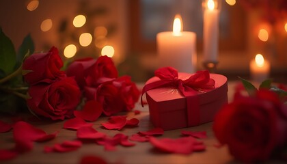 Romantic Valentine s Day Gift Red Roses Heart Box Candles