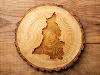 Obraz premium Artistic Representation of Cameroon Shape Branded onto an Oak Slice with Natural Textures and Copy Space for Creative Projects