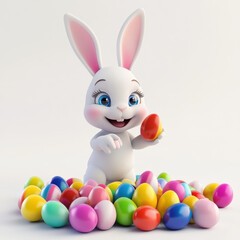 Fototapeta premium Cheerful cartoon rabbit character holding an egg surrounded by colorful Easter eggs in a bright and festive environment for seasonal celebrations