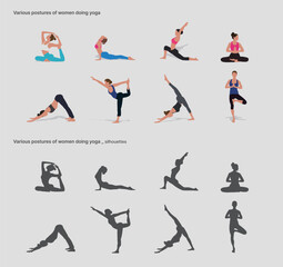 요가하는 여자들의 다양한 자세, 실루엣. 
