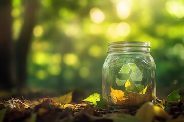 Glass jar in forest recycling symbol sunlight filtering through leaves eco-friendly concept