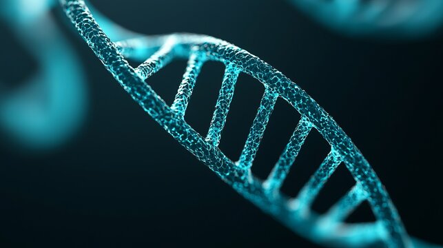 A close-up view of a DNA strand illuminated in blue, showcasing its intricate helical structure against a dark background.