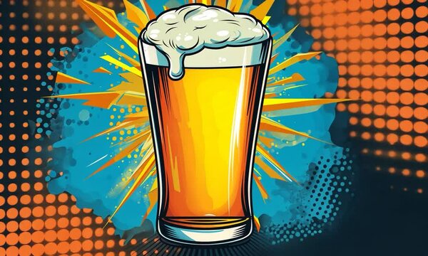 Pop art suds beer mug video background. Colorful background in pop art retro comic style. Pub, Fun Club background video poster. Pop art animation video.