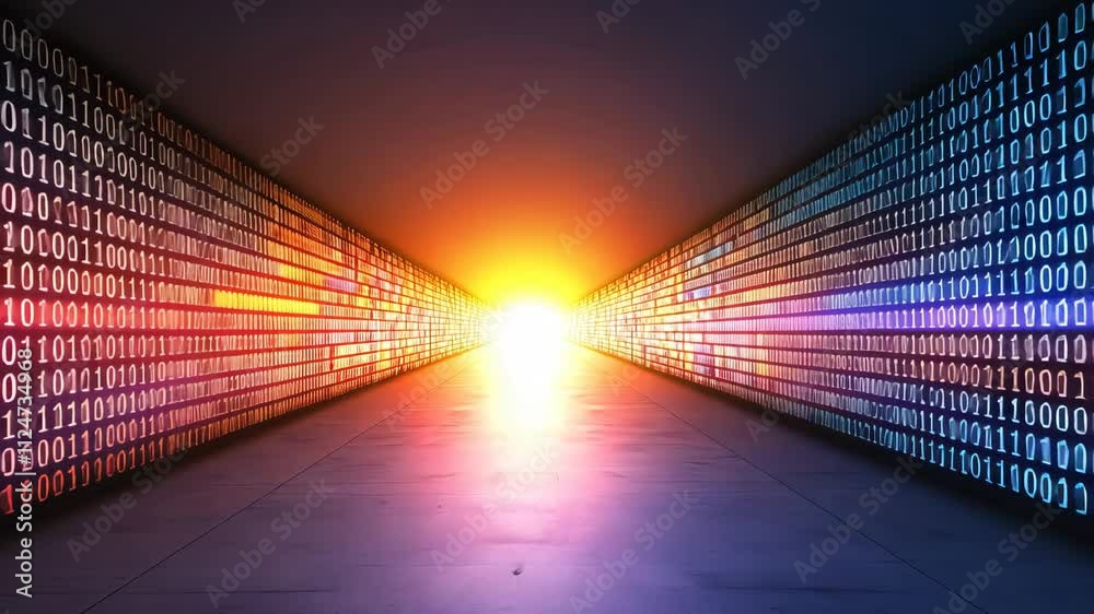 Poster abstract digital data stream with bright light in binary code corridor