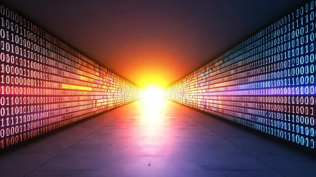 Abstract Digital Data Stream with Bright Light in Binary Code Corridor