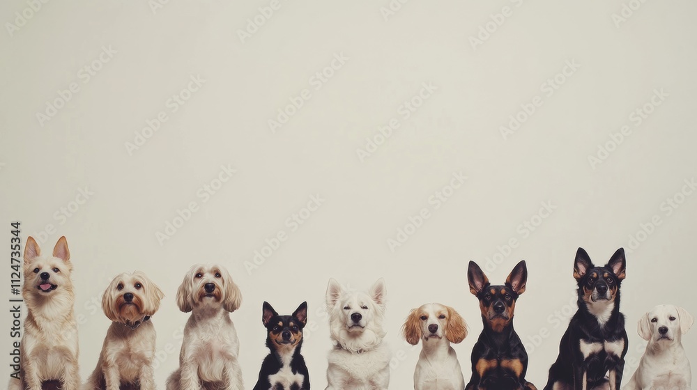 Poster A variety of dogs, showcasing different breeds and sizes, sit closely together, creating a charming display against a neutral backdrop. Generative AI