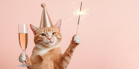 Happy new Year, new year's eve, new year, silvester party, celebration, new year card, greeting card - Funny cat animal with sparkler and champagne glass, isolated on pink background