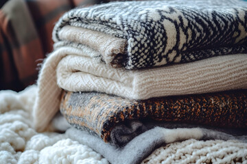 Cozy Knitted Blanket Stack, Warm Winter Texture