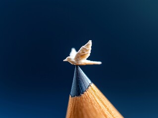 A finely carved bird sculpture perches on the tip of a sharpened pencil, showcasing intricate craftsmanship against a blurred blue background.