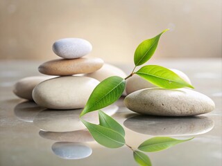 Fototapeta premium A Serene Composition of Smooth Stones and a Delicate Leaf on a Soft Neutral Background for Tranquil Food Photography Inspiration