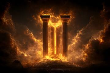 Fototapeta premium Fiery Pillars of Heaven: A Digital Artwork Depicting Two Golden Pillars Enveloped in Flames Amidst a Dramatic Cloudscape