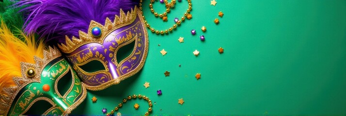 Obraz premium Colorful mardi gras masks with feathers on green background