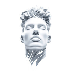 A striking marble sculpture of a serene head with elegant, flowing hair., isolated on a transparent background.