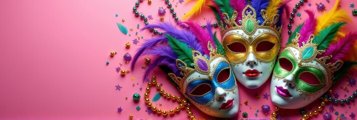 Vibrant decorative masks with feathers and beads on pink background