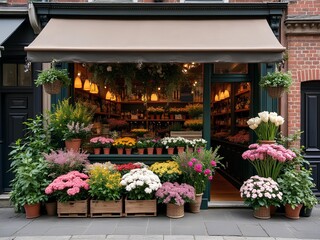 flower shop storefront with colorful flower on display. Pink, white flower