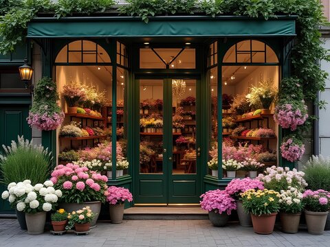 Fototapeta flower shop storefront with colorful flower on display. Pink, white flower