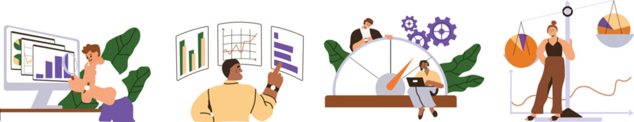 Strategic analysis of business product in benchmark performance.  vector illustration