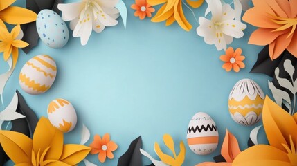 Easter Egg Fest, Abstract Art with Patterned Eggs and Blooming Flowers on a Blue Background