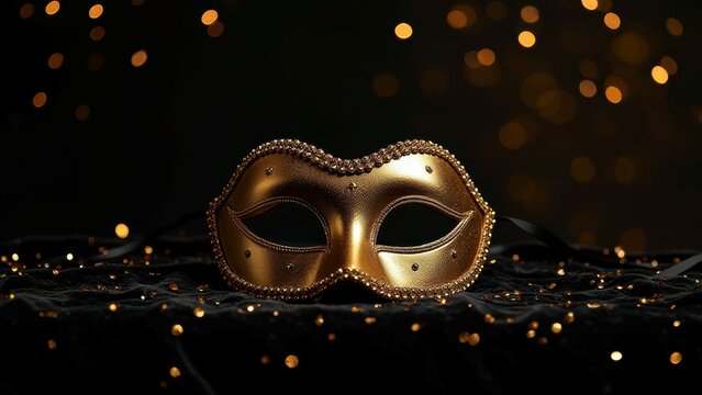 Elegant golden masquerade mask with sparkling beads on black fabric background
