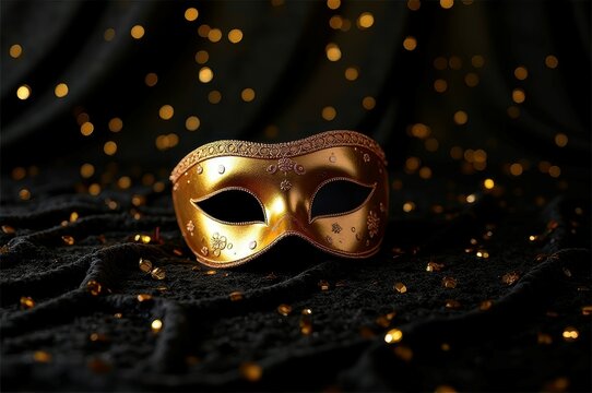 Elegant gold masquerade mask on black fabric with sparkling details