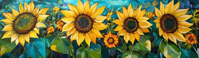 banner with a painting of a row of sunflowers