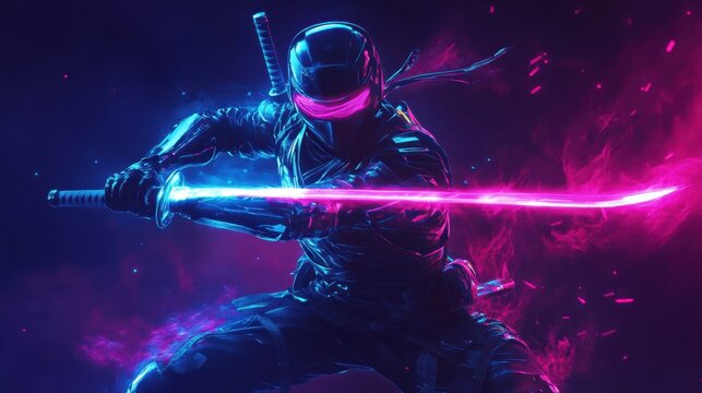 Futuristic Ninja Warrior with Neon Sword in Dark Background