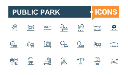 Public Park icon set. It contains symbols to bike, element, public, bush, scooter, isolated, symbol, editable stroke. Thin outline icons pack. Vector icons editable stroke.
