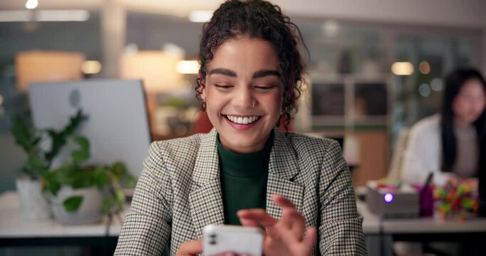 Woman, laugh and phone in office for business, job opportunity or positive feedback in company. Accountant, happy or mobile in coworking space for comedy message, networking and social media on break