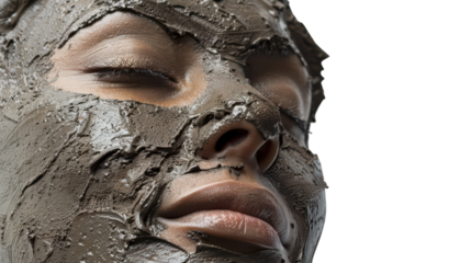 A woman relaxes with a mud facial treatment in a spa, focusing on skin care and rejuvenation in a tranquil setting on transparent background