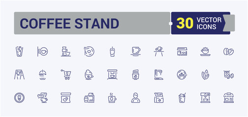 Coffee Stand icon collection. Contains related to bag, cafe, morning, croissant, dessert, kettle and more. Minimalist thin linear icon. Editable vector icon and illustration.