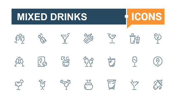 Mixed Drinks line web icon set. Contains related to cocktail, brandy, liquor, beverage, tequila, bar, mojito, old. Collection for mobile and web apps. Editable vector stroke.