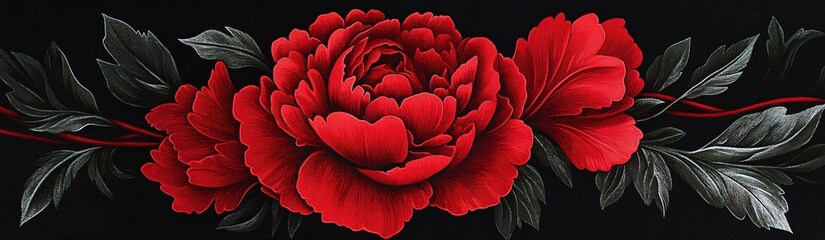 a banner with an illustration of a single red peony on black background