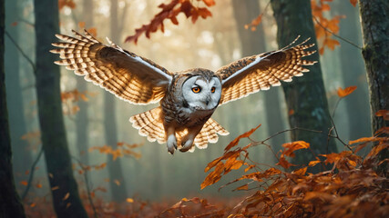Obraz premium A detailed and vibrant depiction of an owl in mid-flight