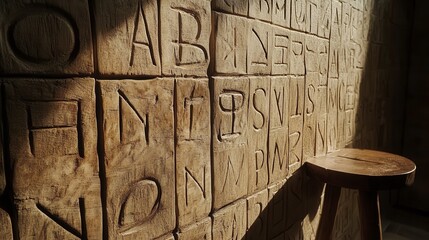 Obraz premium Carved Alphabet on Stone Wall with Wooden Stool