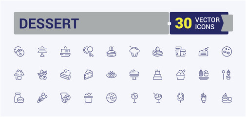 Dessert icons set in line style. Featuring sweets, vanilla, food, sweetly, dessert and more. Isolated icons design. Editable vector icon and illustration.